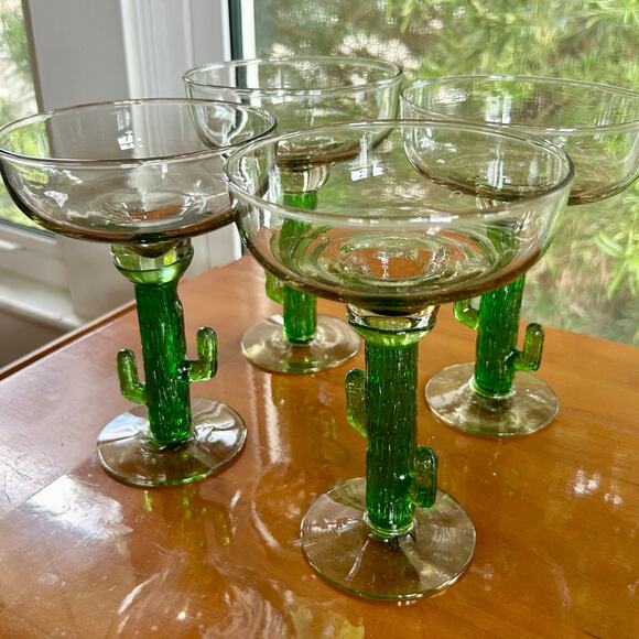 Set of 4 Vintage Green Cactus Stem Margarita Glasses – 7” - Picture 13 of 15